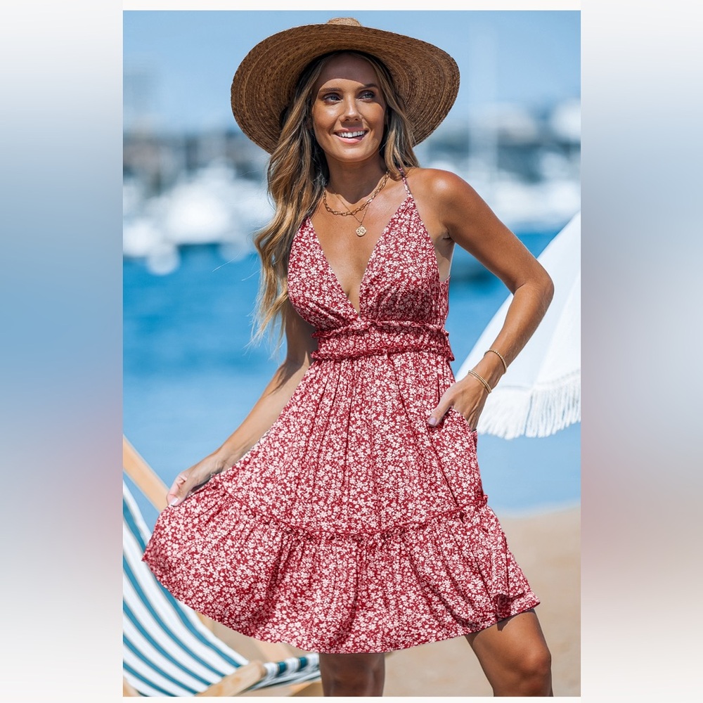 Cupshe Red and White Ruffled floral Sundress